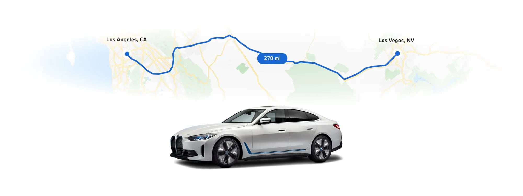 BMW i4 electric vehicle in front of a map with two destinations highlighted to indicate the range capabilities | BMW of Newton in Newton NJ