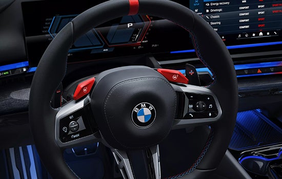 Close-up view of BMW M5 Touring steering wheel. | BMW of Newton in Newton NJ