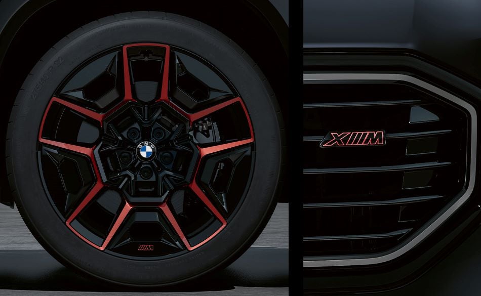 Detailed images of exclusive 22” M Wheels with red accents and XM badging on Illuminated Kidney Grille. in BMW of Newton | Newton NJ